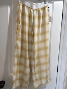 Happily Grey Yellow Plaid Comfy Dorm Pant Stretch Waist Wide Leg Comfort MEDIUM - Picture 1 of 4