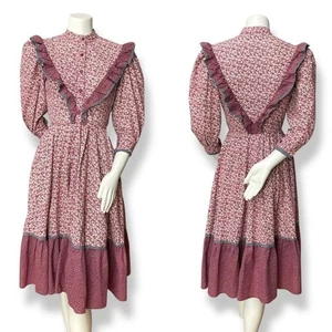 Vintage Eklecktic Prairie Dress Edwardian Midi Calico Ruffles Cottagecore Retro - Picture 1 of 16