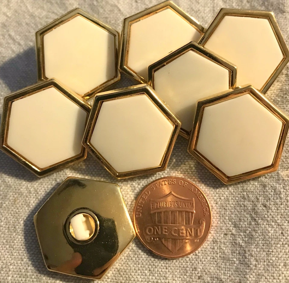 8 Shiny Gold Tone PLASTIC Matte Cream Hexagonal Shank Buttons 1" 25MM Lot # 3636 - Image 1 of 1