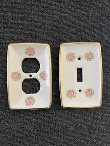 Towne Ceramic Light Switch and Outlet Plate Cover Gold White Rose Pattern - Picture 1 of 3