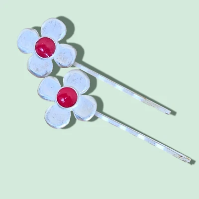 Vintage 1980's Silver Flower Bobby Pins with Red Center - Made in UK - Image 1 of 4