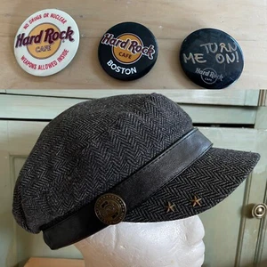 Hard Rock Cafe Herringbone Page Boy Hat + 3 Button Pins Hard Rock Boston Turn On - Picture 1 of 17