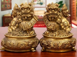 Large Size Wealth Porsperity Brass Pair of Fu Foo Dogs Guardian Lion with Treasu - Picture 1 of 4
