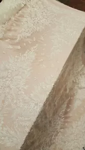 White Hand Beaded Lace Floral Flowers Embroidery Mesh Bridal Fabric By The Yard - Picture 1 of 12