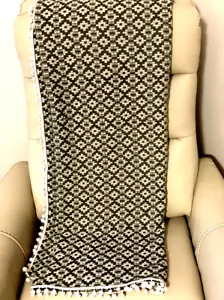 Nordstrom Rack Textured Throw Blanket Greenish Grey Print White Pompoms 50X60" - Picture 1 of 6