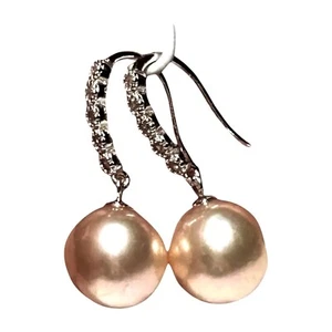 Pendientes Gancho Genuinos 10.6mm Natural Rosa Melocotón Redondos Edison Perla Cultivada - Imagen 1 de 7
