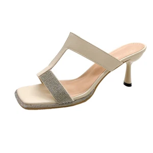 New Womens Stiletto Rhinestone Slip On Slippers Square Open Toe Shoes US Sandals - Picture 1 of 8