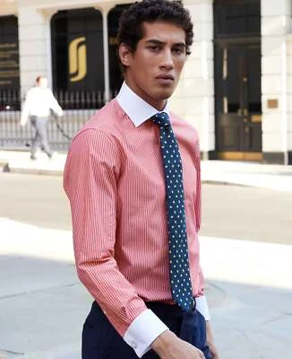 Savile Row Company Men's Slim Fit Red & White Stripe Double Cuff Formal Shirts - Image 1 of 4