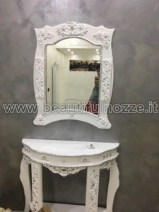 CONSOLLE CON SPECCHIO IN LEGNO BIANCO E FOGLIA ARGENTO CON CRISTALLI - Picture 1 of 1