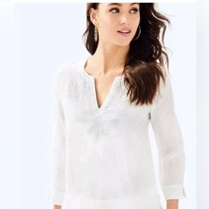 Tunica grande Lilly Pulitzer Amelia Island bianca 100% lino taglia XL usata in ottime condizioni - Foto 1 di 10