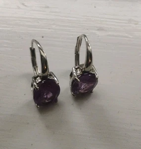 925 Sterling Silver Round Stone Amethyst Earrings - Picture 1 of 6