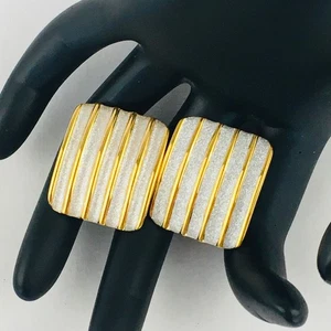 Clip On Earrings Large Rectangular Gold Tone Ribbed Silver Tone Sparkle Stripes - Picture 1 of 5
