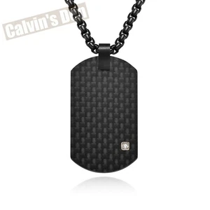 Black Carbon Fiber with Stainless Steel Inlay Tiny CZ Dog Tag Pendant Necklace - Picture 1 of 12