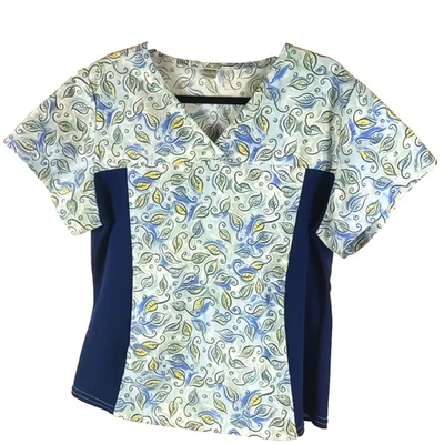 时尚印章女式磨砂上衣大号弹性侧蓝叶设计医疗 — 第 1/4 张图片