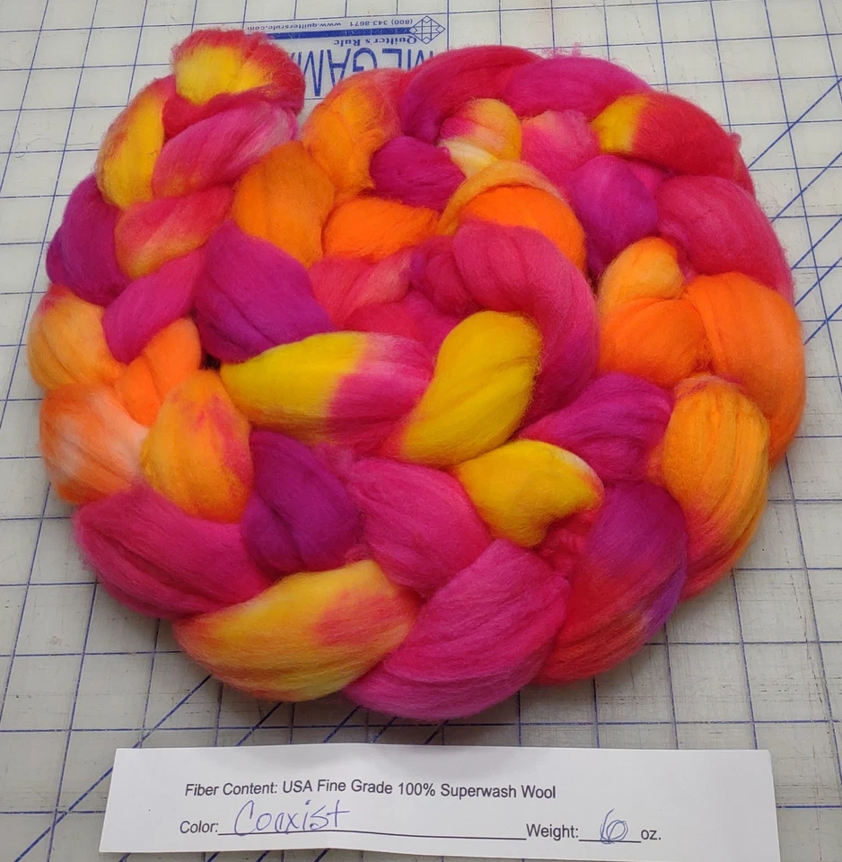 Superwash Fine Wool Top Roving Spinning Handpainted Dyed USA Coexist - Image 1 of 1