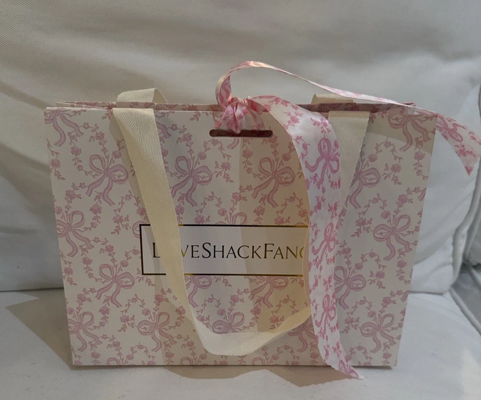 LoveShackFancy 粉色和白色纸质购物礼品袋 全新 9 X 10 X 6.5 和丝带 — 第 1/1 张图片