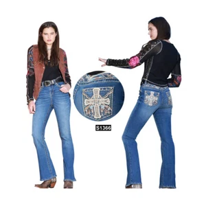 Women's Sexy Couture Rhinestone Stretch Mid Rise Boot Cut Denim Jeans 1-17 - Picture 1 of 6