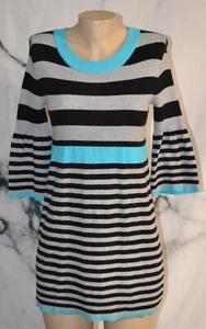 ARIZONA JEAN COMPANY Gray Black Striped Sweater Dress XL 18 Cyan Trim Cotton Bld - Picture 1 of 8