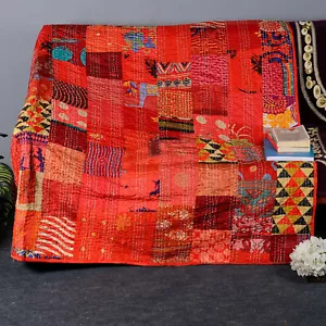 Silk Patola Patchwork Indian Handmade Queen Cotton Kantha Quilt Throw Bedspread - Picture 1 of 7