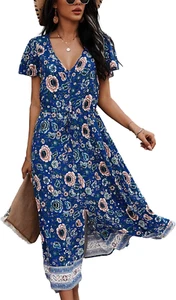 Women'S Dresses Summer Bohemian Casual Short Sleeve Floral Print Maxi Dress S-2X - Picture 1 of 12