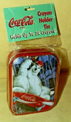 COKE TIN COCA COLA POLAR BEAR SKATEBOARD CRAYON HOLDER BOX 1998 NEW SEALED. - Image 1 of 4