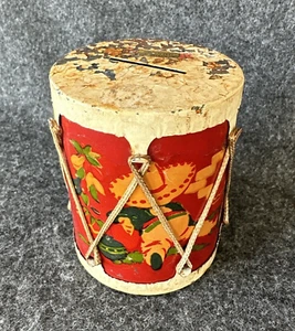 VINTAGE Red METAL DRUM Lake Superior SOUVENIR COIN BANK  Sombrero Man Napping - Picture 1 of 23