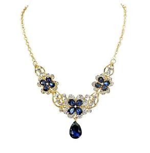 Blue crystal flower necklace with clear crystals and blue crystal teardrop  NEW