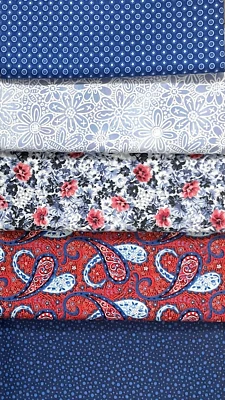 Лот ткани для лоскутного одеяла с цветочным рисунком красный белый синий тайник с узором пейсли - Изображение 1 из 2