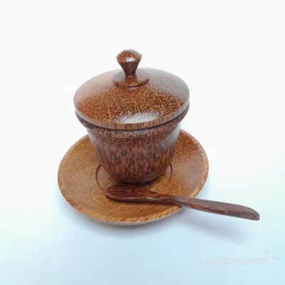 Juego de vajilla de madera, platillo, taza, tapa, cuchara, platillo posavasos Foto 1 de 4