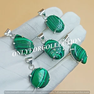 Malachite Gemstone 925 Sterling Silver Plated 5 PCs Wholesale Prong Pendants - Picture 1 of 3