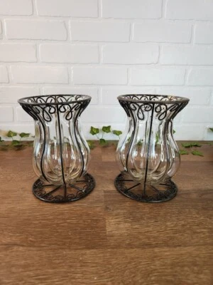 Juego de 2 Jarrones de Vidrio con Barras Decorativas de Hierro Forjado Jaula 7.75" T 5.5" D Foto 1 de 4