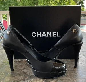 Authenticated Chanel Classic Black Escarpins Leather Cap Toe Pumps 36.5 - Picture 1 of 6