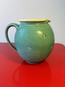 Vintage Green Yellow California Studio Pottery Large Farm Pitcher Floral - Picture 1 of 17
