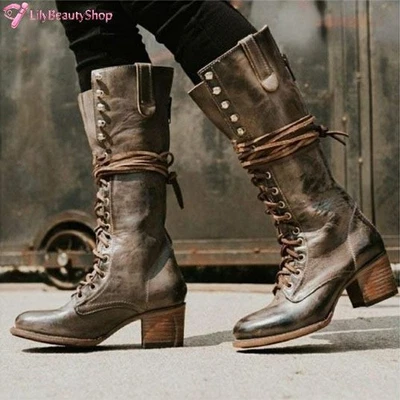 Women Vintage Knee High Boots Combat Motorcycle Lace Up Zipper Riding Tall Botas - Image 1 of 4
