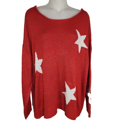 Maurices Women Sweater Red White Star Print Tie Back Size 1X Relaxed Lightweight - Image 1 of 4