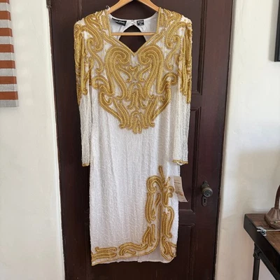 80s Vintage RIGHT CHOICE White and gold Beaded Silk Midi Gown with Slit Large - Image 1 of 4