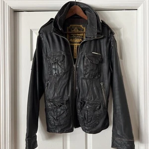 Superdry Brad Giacca di Pelle Marrone XL Vintage Biker Look - Foto 1 di 12