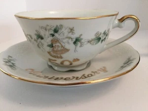 Vintage 50th Anniversary Tea Cup & Saucer Lefton China Hand Painted #1147 - Picture 1 of 10