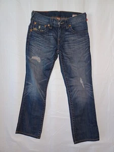 True Religion Mens 28L W30 Straight Jeans Flaps Pockets White Stitch Med Blue - Picture 1 of 13
