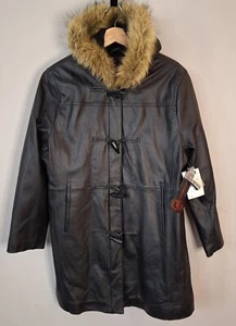 Jaclyn Smith 100% Lambskin Leather Lined Coat W/Faux Fur Trim Hood Womens XL BLk - Picture 1 of 15