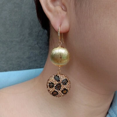24mm Tiger Eye pave Gold Crystal Pave Brushed Coin Bead Drop Long Earrings - Image 1 of 4