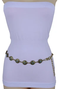 Women Southwestern Fashion Belt Gold Metal Turquoise Blue Flower Charm Fit S M L - Picture 1 of 24