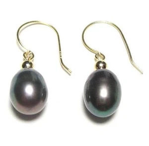 Genuine AAA Black Cultured Pearl Hook Dangle Earrings in 14K Yellow Gold - Picture 1 of 1