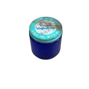 Vintage Vicks Vapor Rub Blue Cobalt Glass Jar w/ Twist Metal Cap Vapo Rub Advert - Picture 1 of 4