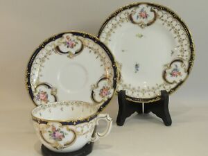 ROYAL CROWN DERBY HAND PAINTED DEMITASSE CUP, SAUCER, PLATE TRIO C. 1899 (3)