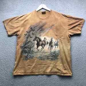 Vintage The Mountain Horses Natur T-Shirt Herren XL grafische Krawatte Färbung LOCH REPARIERT