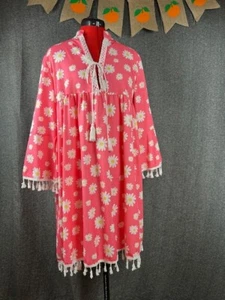 Pink W/Daisy Print Summer Dress Sz Large Baby Doll Bell Sleeves Beach Cover - Picture 1 of 6