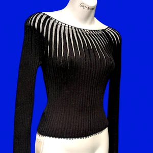 NWT THE COMMENSE black ribbed knit baby tee radiating sheer panels fitted XS 5I - Picture 1 of 13