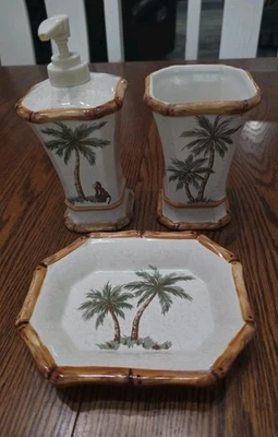 Spring Maid VTG 3pcs Cup,Soap Holder, Soap Dispenser Tropical Palm Trees Monkey - Image 1 of 4