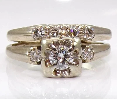 Art Deco Lab Created Diamond 14K White Gold Plated Wedding Bridal Ring Set 1.5Ct - Image 1 of 4